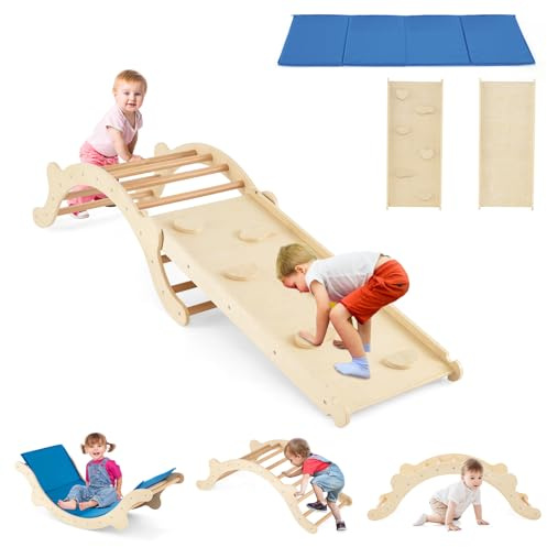 HOMASIS 3 en 1 Escalade Enfant d'Intérieur Montessori avec Toboggan, Triangle d'escalade de Pikler avec Rampe et Tapis Réversibles,Parcours Motricité pour Enfants 1+ an