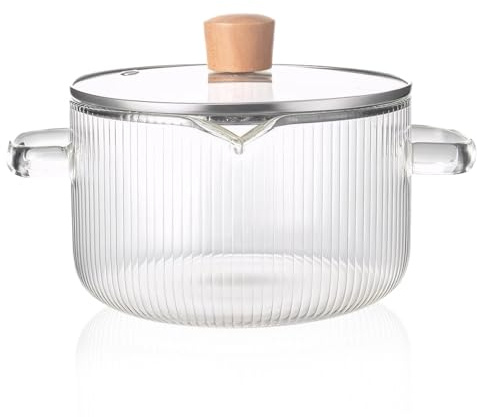 Hintyne Glass Cooking Pot with Lid 61oz Heat-Resistant Double-Handle Glassware Striped Thick-Bottom Glass Pot for Food Wine
