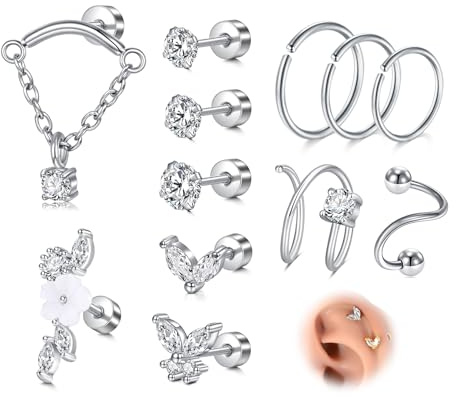 AVYRING Set di 12 orecchini e hoops Flat Back, in acciaio inox, con filettatura e connettori CZ per piercing Conch Tragus Daith Helix gioielli, oro e argento, Acciaio inossidabile
