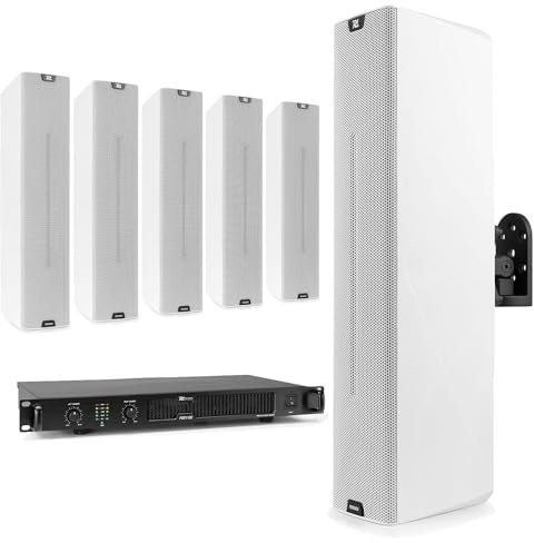 Power Dynamics Wall Mounted Column Speaker System with PA Amplifier – 6 Slimline 260W Commercial Wall Speakers for Bars, Restaurants, Events and Public Address Systems