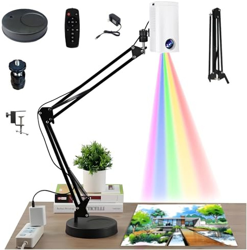 ANGDI Proyector de dibujo, Proyector artístico para trazar, dibujar y pintar, Herramienta portátil inteligente de trazado con control remoto y soporte, Conectividad Wi-Fi y USB(White,0.6m)