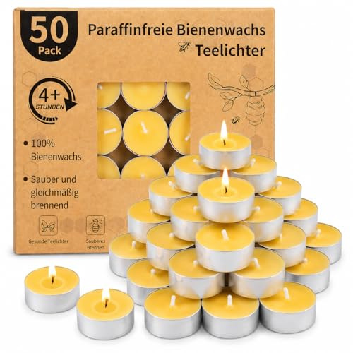50 Pack De Bougies Chauffe-Plat En Cire D'Abeille - Bougie En Cire D'Abeille Pure, Bougies Bio Naturelles Sans Parfum - Sans Fumée & Brûlure Propre Avec Plus De 4 Heures De Durée De Combustion