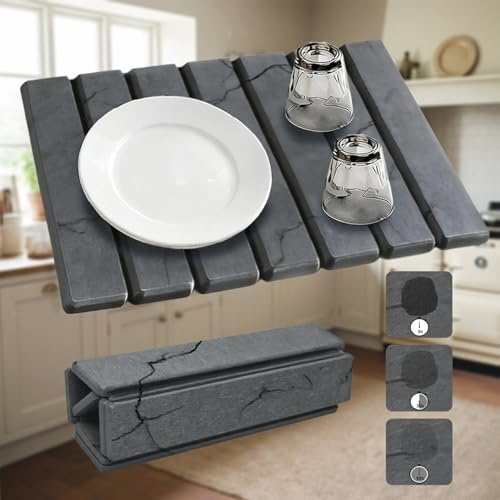 sinzau Alfombrilla Escurreplatos de Diatomeas Secado Rápido - Antideslizante Absorbente Piedra Alfombrilla Secavajillas 40x30cm - Plegable Gris Oscuro Alfombra de Piedra para Fregadero Cocina