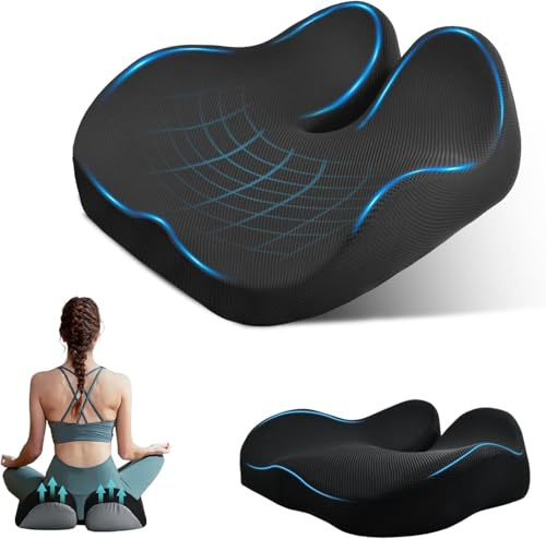 Ecofocet Cuscino Sedia Ufficio, Cuscino Ergonomico Memory Foam, Cuscino Ortopedico Seduta per Coccige, Allevia Sciatica e Dolori Lombari, Fodera Lavabile Antiscivolo, per Ufficio Casa Auto (Nero)