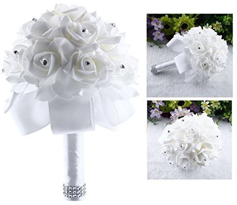 Itian Bride Bouquet Soledi Roses en Cristal Blanc Bouquet de Mariage en mariée en mariée, Artificiel, Blanc