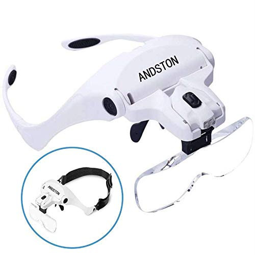 ANDSTON Lupenbrille mit Licht Hände Frei Kopfband Lupen Standlupe mit 2 LED lichts für Hobby, Lesen, Elektriker, Juweliere, Nähen, Reparatur, und ältere Menschen, 5 Wechselobjektive(1.0X bis 3.5X)