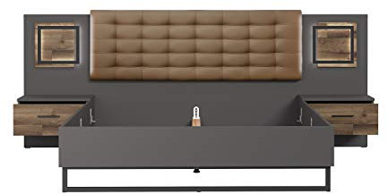 FORTE Sirius Black Bett, Liegefläche 180 x 200 cm, Holzwerkstoff, Stabeiche Dekor kombiniert mit Wolfram Grau, 307,6 x 123,8 x 209,9