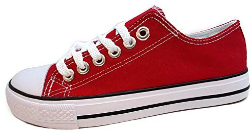 Ladies Canvas Shoes Plimsole Trainer Pumps Womens Lace Up Flat Shoes Red Size UK 5 EU 38