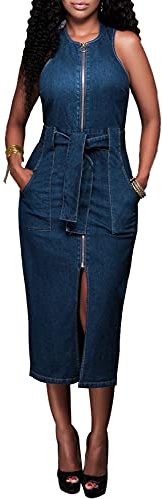SOMTHRON Vestido vaquero para mujer, con cinturón, para verano, sin mangas, elegante, sexy, delgado, vaquero, con cremallera, material elástico, falda lápiz, turquesa, XL