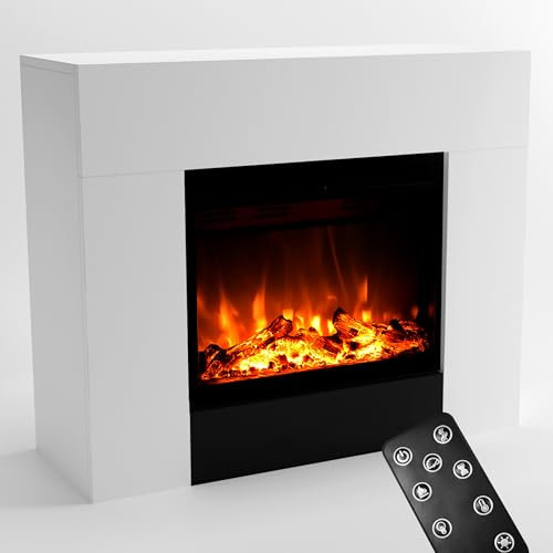 GLOW FIRE Poêle à cheminée METIS - Cheminée électrique avec Chauffage, feu de cheminée, feu LED 3 Couleurs, Ventilateur, décoration Bois, télécommande, 98x82x35 cm, Blanc