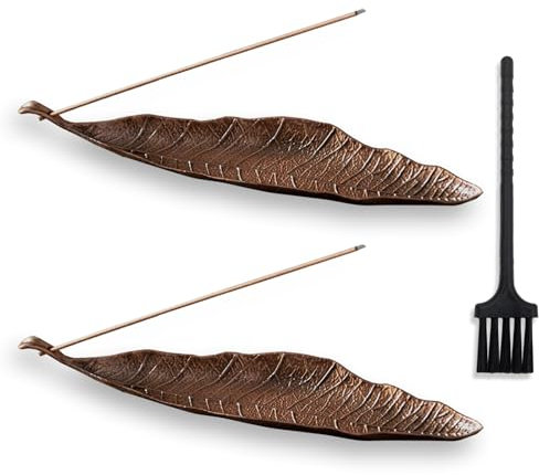 LLMtn 2 Stück Bronze Räucherstäbchenhalter Metall Blätter, Räucherstäbchenbrenner Ash Catcher,Asche Geeignet für Räucherstäbchen,ideal für die Inneneinrichtung,Meditation,Yoga,Inklusive Mini-Besen