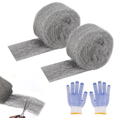 HFDONGL Steel Wool Against Mice, Pack of 2, Fine 0000 Stainless Steel Wool with Work Gloves, Fine Against Rodents, Mice, For Home, Garden, Garage (5.8 m)