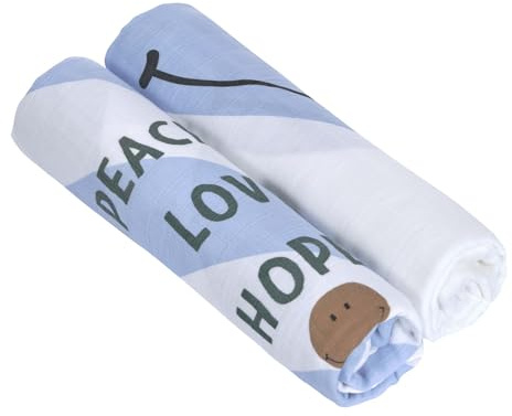 Lässig Puck Manta de bebé Tela de Gasa Juego de 2 Piezas de algodón 120 x 120 cm/Heavenly Soft Swaddle XL Happy Rascals Smile Sky Blue