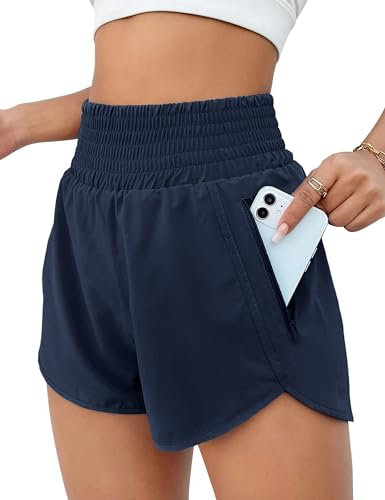 EUHOM Shorts Damen Sommer Sport Shorts 2 in 1 Laufshorts High Waist Kurze Hosen Schnelltrocknende Fitness Sporthose Running Yoga Jogging Trainingshose (Navy Blau, L)