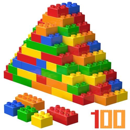 WYSWYG Große Bausteine-Set, 100 Teile Steine in 5 Farben, Kompatibel zu Allen Anderen Herstellern- Ideal für Kinder ab 3 4 5 6 Jahre