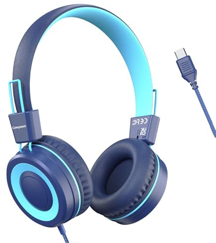 Cowyawn Auriculares USB Tipo C para Niños y Adolescentes - con Cable, Volumen Limitado de 94 dB, Sonido Estéreo HD, Plegables, Ligeros, Azul