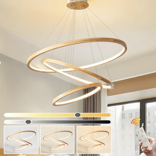 WayLuoung Lustres LED En Bois Plafonnier, Luminaire En Bois À 3 Anneaux À Intensité Variable, Lampe À Suspension Circulaire Réglable, Îlot De Cuisine Salle À Manger Salon Hall D'Entrée 【20+40+60cm】