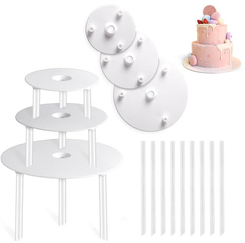 Goujons à Gâteau,3 Niveaux Support Gateau Rond 3 pièces Planches à Gâteaux avec 18 PCS Dowels pour Gateau Réutilisables pour La Construction de Gâteaux à étages et l'empilage