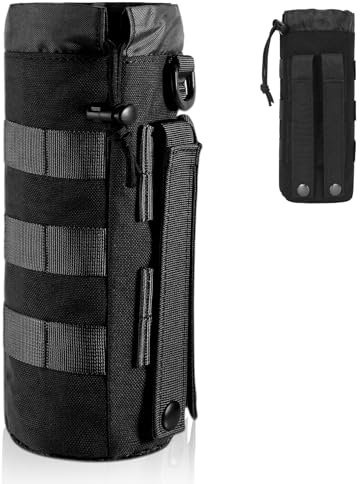Taktisk flaskhållare, taktisk Molle vattenflaskeväska, militär drycksflaskeväska, bärbar vattenbehållare väska, med dragsko och mesh undersida, nylon, för camping och vandring (svart)