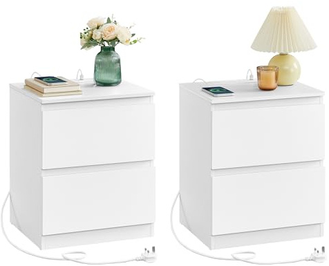 VASAGLE Nightstands with Charging Station, Set of 2 Bedside Tables with Drawers, Side End Tables, 2 AC Outlets, 2 USB Ports, for Living Room, Bedroom, Study, Cloud White, KAILYN Collection LET821W01