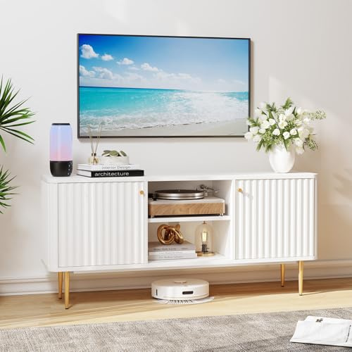 HOLTICO TV Stand Cabinet 55 Inch, Fluted Modern Wooden TV Console Unit with Storage and 2 Doors, White Cabinets for 55/60/65 Inch Television, TV Tables for Living Room, Bedroom