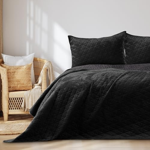 RESTILO Laila Couvre-lit 260 x 280 cm - Noir - Double face - Matelassé - En velours