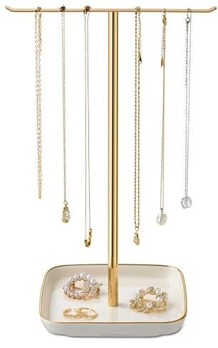 Jewelry Holder Stand with Ceramic Base: 12 Tall Necklace Organizer Rack, Tree Design Display Storage for Necklaces, Bracelets, Rings, Earrings, Aesthetic Room Décor for Girls and Women, Gold