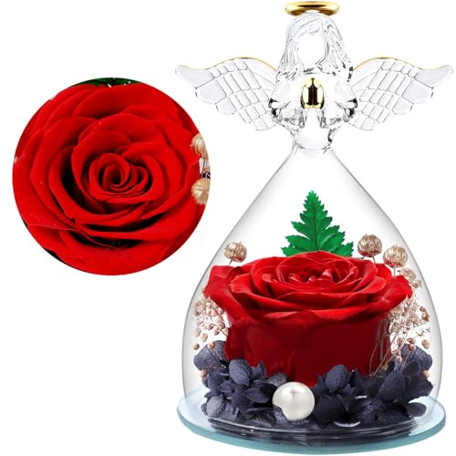 FRFG Regalos de Angel Rosa Eterno para Mujeres, Regalos Originales para Madres, Rosas Preservadas en Figuras de Angel de Vidrio, Angeles de Flores para Mamá, Abuela, Esposa, Hermana, Novia (Rojo)