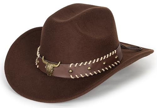 Cappello da Cowboy in Feltro da Donna e Uomo, Classico, Arrotolabile, con Fibbia per Cintura, Fedora (M), Bull Head Cintura-caffè, M