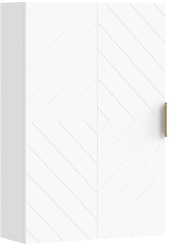 kleanking Armadietto Bagno da Parete con Anta Decorata e Maniglia Dorata, Mobile Pensile Bagno con Ripiani Interni Regolabili, 40x15x60 cm, Bianco