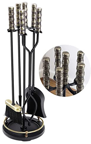Fireplace Tool Set,Classical Style Stainless 5 Piece Fireplace Tool Set with Heavy Duty Golden Black Finish Utility Chimney Fire Pit Tool Kit for Home Fireplace Decor