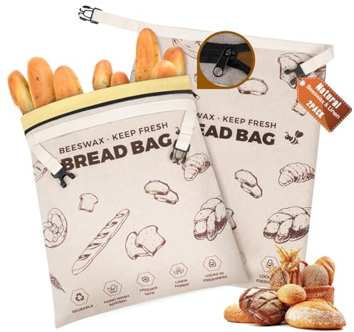 YARRAMATE Sacchetti Pane Cera d'Api Riutilizzabili Lino, Conservano Fresco Capienti Sicuri Congelatore Ecologici (43x33 cm, 2 Pezzi) (02_con zip)