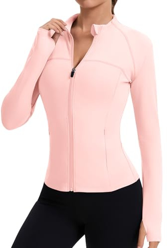 Tisfeer Sportjacka för kvinnor, långärmad sport, t-shirt, gym, toppar, yoga, fitness, toppar, lätt, träningsjacka med tumhål och fickor, ROSA, M