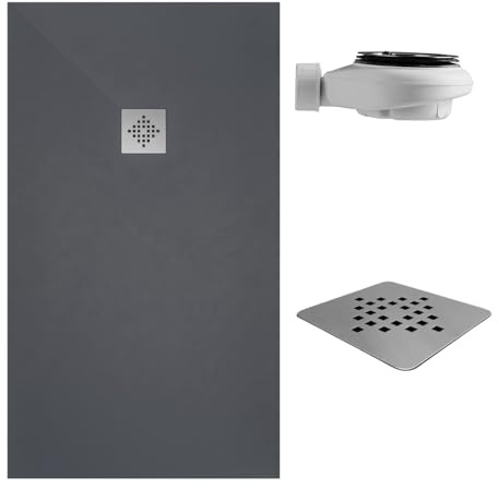 SOULBATH Plato de Ducha - Resina - Gel Coat - Textura Liso/Piedra - Antideslizante - Color Pizarra - 70X70- Extraplano 3cm. Incluye Válvula de desagüe - Standard