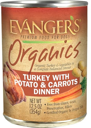 Evanger's Organics Turkey with Potato & Carrots Dinner for Dogs – 12 Count, 12.5 oz Each – qualified Organic, Grain Free, GMO Free – Nutrient-Dense Recipe with Organic Vegetables – Wet Dog Food