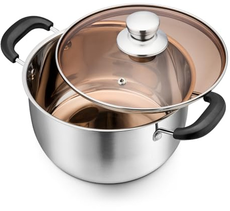 P&P CHEF 3 Qt Stockpot with Lid, Stainless Steel Cooking Stock Pot for Soup, Heat-Proof Double Handles with Visible Lid, Dishwasher Safe & Healthy, 1-Ply Metal