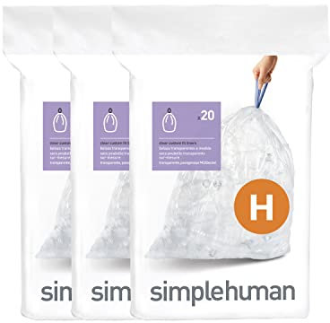 simplehuman Code H 60 Liners, Custom Fit Bin Bags in Dispenser Packs with Durable Drawstring Tie Handle, 30-35L, Clear