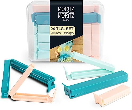 Moritz & Moritz 24 Verschlussclips – inkl. praktischer Box – Clips für Tüten – Tütenclips für Lebensmittelaufbewahrung – auch als Gefrierbeutel Clips geeignet