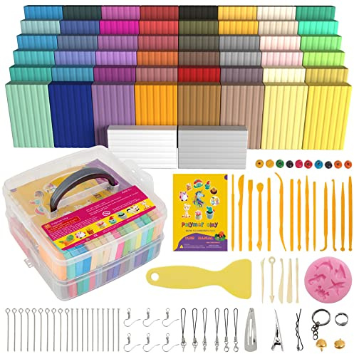Polymer Clay 50 Colors, Modelling Clay for Kids DIY Starter Kits, Oven Baked Model Clay, Non-Toxic, Non-Sticky,with Sculpting Tools, Gift for Children and Artists.