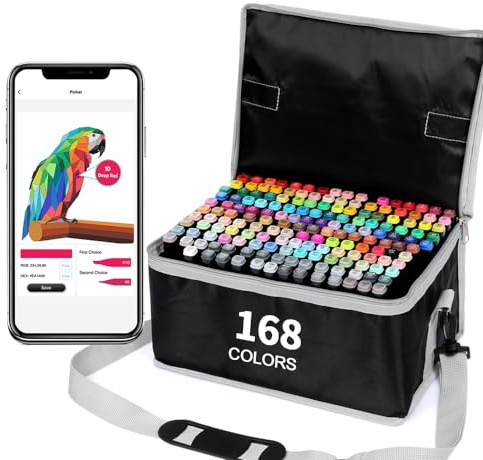 Vokiuler 168+2 Farben Marker Stifte, Alkohol Marker Set mit Coloring App, Pinsel Twin Art Marker Set für Erwachsene und Künstler, Mit Schwarzer Tragetasche