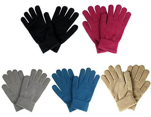 SILEDGN 5 Pairs Winter Knitted Magic Elastic Gloves for Adults Kids, Stretchy Warm Magic Gloves (Medium)