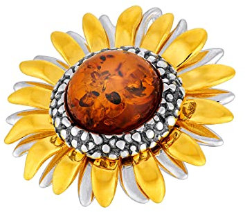 AMBEDORA Damen Brosche Anhänger Sterling Silber Poliert, Oxidiert, Vergoldet, Cognac Baltischer Bernstein Rund, Sonnenblumen Brosche mit Anhänger Funktion, Geschenk Set