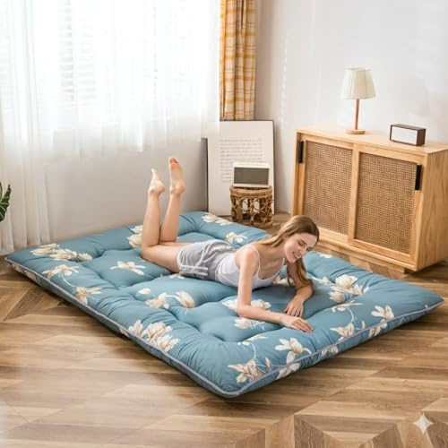 MAXYOYO Japanese Floor Futon Mattress, Thicken Tatami Mat Sleeping Pad Foldable Roll Up Mattress Dormitory Mattress Pad Floor Lounger Pillow Bed (Blue Flower, Single)