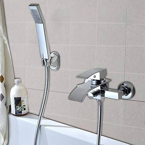 Set di rubinetti per vasca da bagno a cascata, con doccetta a parete, per acqua calda e fredda, 2 fori, cromati