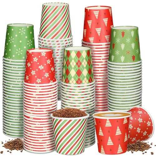 Maxcheck 300 vasos de papel de Navidad desechables de 4 onzas, suministros navideños, 6 estilos, tazas de papel para café espresso, Navidad, verde, rojo, bebidas, chocolate, té, cacao, bebidas, fiesta