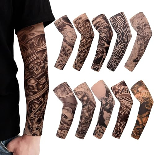 TSHAOUN 10 Pièces Manches de Tatouage pour Hommes Femmes, Couvre-manches pour Tatouages de Bras, Tatouage Temporaire Manchettes de Bras Faux Tatouage Tatoo pour Fête, Halloween, Carnaval (10PCS)