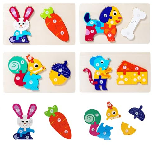 Vndnsy 4-teiliges Holzpuzzle für Kleinkinder, Montessori-Spielzeug, Holztierpuzzle für Kinder (Eichhörnchen, Maus, Kaninchen, Welpe) für 2–4-jährige Jungen und Mädchen, pädagogisches Farbformspielzeug