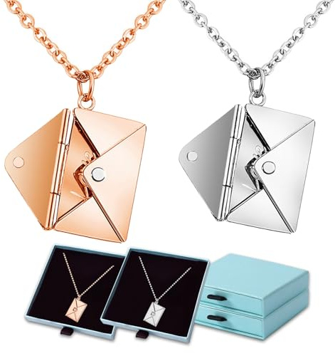 Floatdream 2 PCS Collana con Ciondolo a Forma di Busta, Collana con Busta per Coppie, Collana Donna Busta Acciaio, Ciondolo dal Design Letterario con Lettere Inglesi (Oro Rosa, Argento)