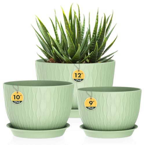 Homeuouz 3er Set Groß Breite Pflanzentopf mit Untersetzer – 30/25/22 cm Kunststoff-Blumentöpfe für Innen & Außen, mit Drainagelöchern, wasserwellige Struktur, Hellgrün
