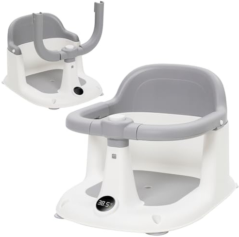 Baby Bath Seat 6 Months+,Non-Slip Sit Up Baby Bath Chair with one-Touch Button for Easy Armrest Opening,Sound Button,High backrest,4 Suctions,Temperature Alert,Bathing Tubs,White